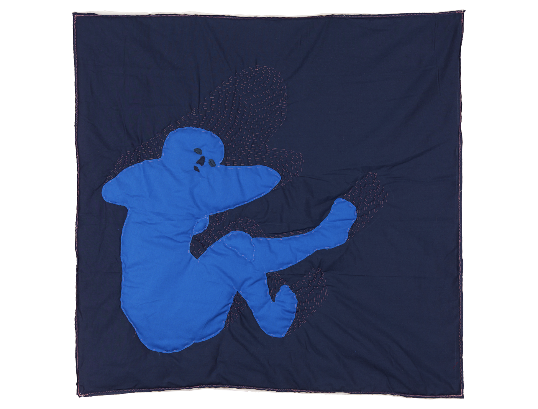 Träumende I: a dark blue textile blanket with a sleeping blue figure