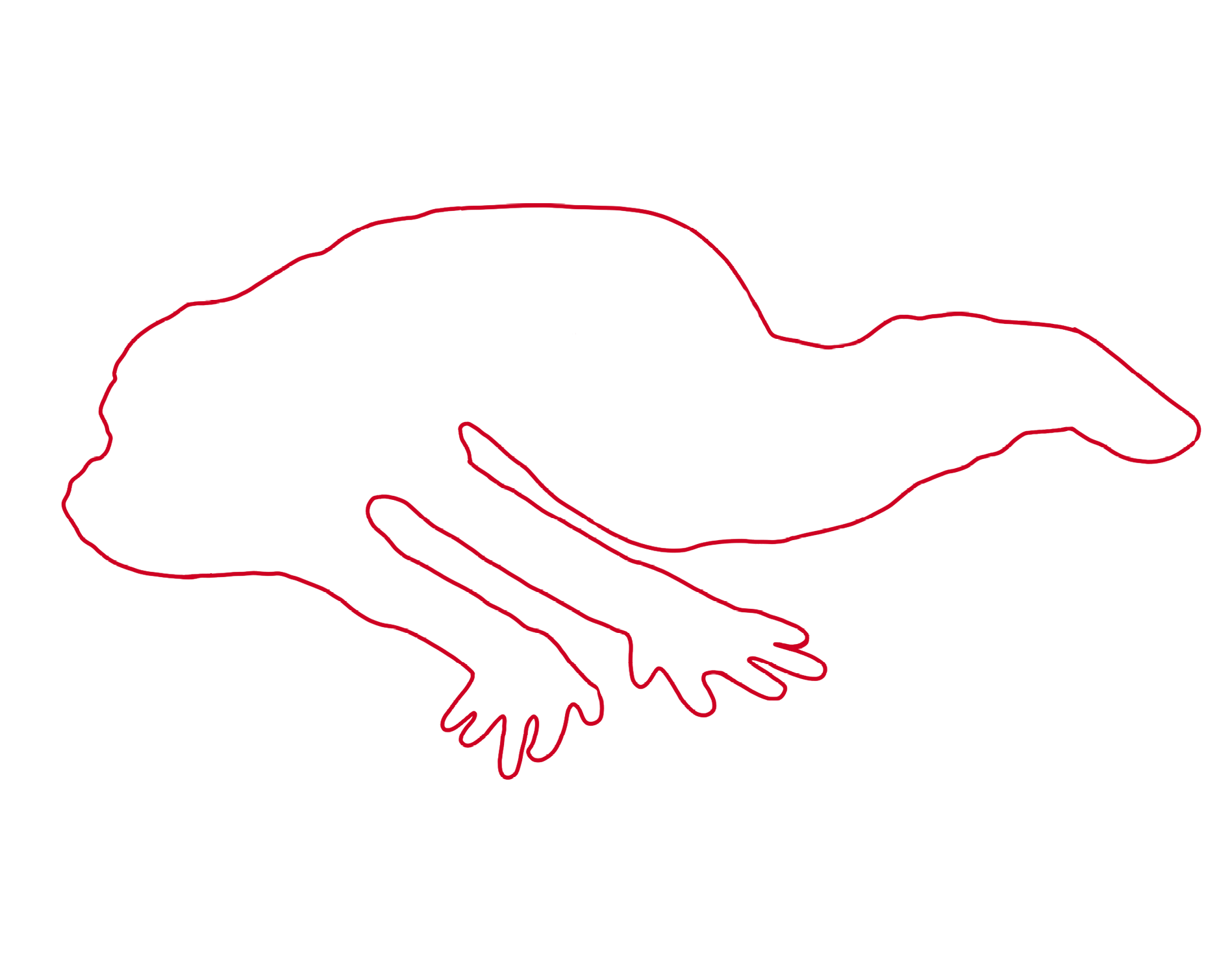 Red line drawing of a crouching figure